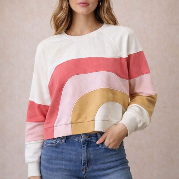 Marine Layer Tops - Marine Layer Colorblock Cropped Sweatshirt Rainbow Wave Soft Fleece Pullover M